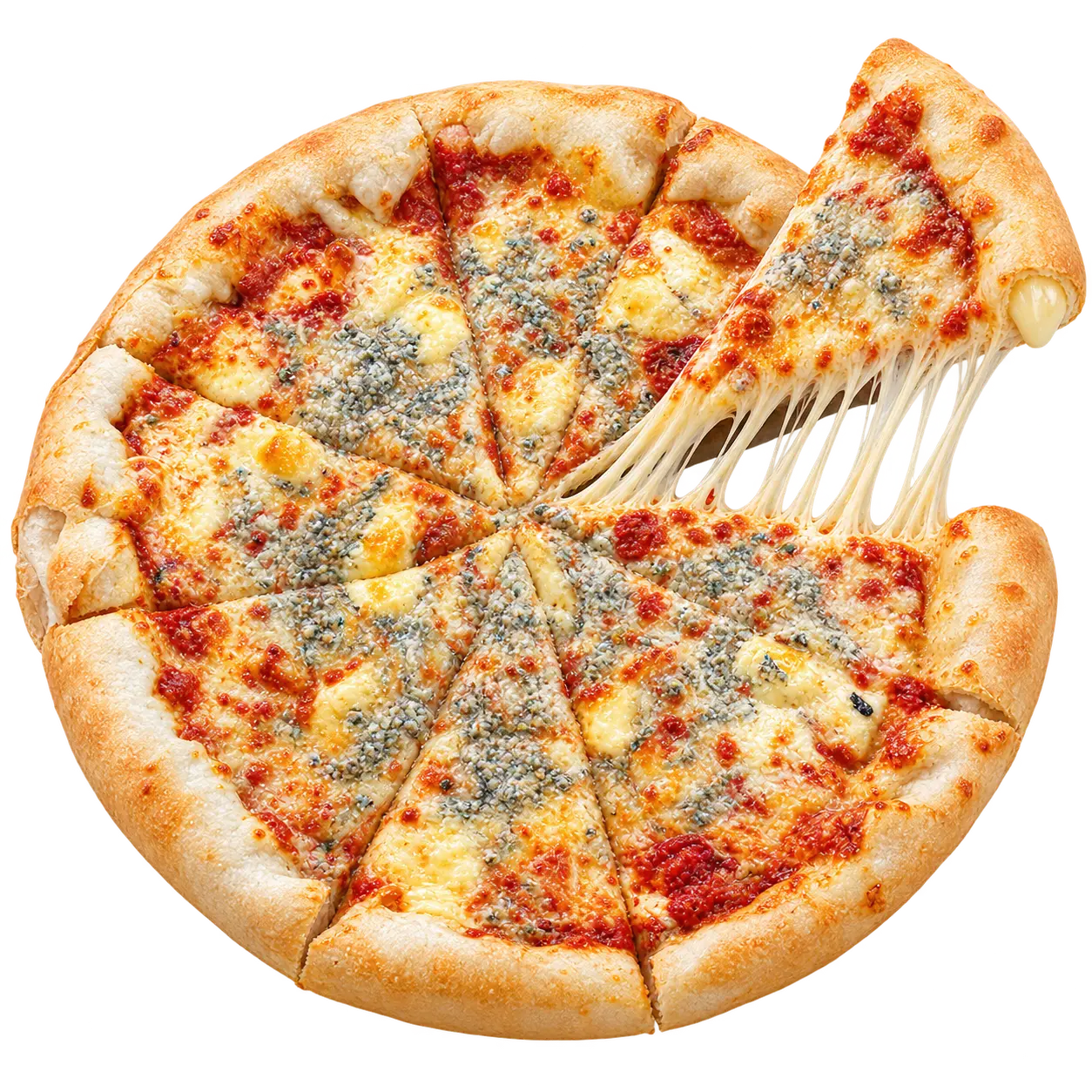 PIZZA S PLNĚNÝM OKRAJEM 70 SEI FORMAGGI - Pizza SEI FORMAGGI — tomato, sýr, niva, uzený sýr a mozzarella. Šťavnatá, čerstvá, přímo k vám domů. Objednej online!